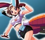  animal_ears breasts brown_hair bunny_ears carrot densha_otoko dragon_(artist) getsumento_heiki_miina gloves jpeg_artifacts midriff miniskirt oekaki pencil_skirt red_eyes salute short_hair skirt small_breasts solo tsukishiro_mina 