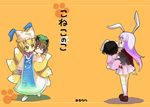  :3 animal_ears black_hair blonde_hair brown_hair bunny_ears bunny_tail carrying cat_ears chen clinging dress earrings fox_tail hat inaba_tewi jewelry long_sleeves multiple_girls multiple_tails o_o orange_background piggyback pillow_hat purple_hair raina red_eyes reisen_udongein_inaba shoes skirt socks tabard tail tassel touhou translated white_dress yakumo_ran yellow_eyes younger 