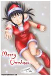  bangs black_hair boots christmas dress empty_eyes from_above fur_trim hat hyuuga_hinata looking_at_viewer looking_up merry_christmas naruto naruto_(series) off-shoulder_shirt outstretched_hand parted_lips reclining red_footwear ridwan_chandra_choa santa_costume santa_hat shirt short_hair signature sitting snowing solo white_eyes wristband 