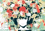  1girl black_eyes black_hair flower hironoshousei leaf limited_palette looking_at_viewer no_nose original plant portrait red_flower short_hair solo too_many white_flower yellow_flower 