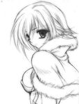  breasts capelet fur_trim greyscale high_collar high_wizard looking_at_viewer looking_back medium_breasts mio_(fastest_lap) monochrome ragnarok_online short_hair solo upper_body 