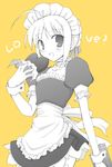  ahoge artoria_pendragon_(all) blush chocolate chocolate_heart choker english fate/stay_night fate_(series) heart itachi_chimaki looking_at_viewer maid maid_headdress monochrome no_pupils open_mouth puffy_short_sleeves puffy_sleeves saber short_sleeves simple_background valentine wrist_cuffs yellow_background 