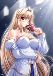  archetype_earth arcueid_brunestud bare_shoulders blonde_hair blush box breasts cleavage covered_nipples dress hair_intakes heart heart-shaped_box large_breasts long_hair miyai_sen one_eye_closed red_eyes solo strapless strapless_dress tsukihime valentine very_long_hair 