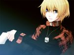  artist_request belt blonde_hair blue_eyes dark dog_tags jacket male_focus plaid rin_(togainu_no_chi) solo togainu_no_chi 