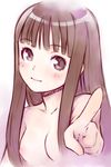  blush breasts brown_eyes brown_hair closed_mouth face foreshortening ha-ru konoe_konoka long_hair mahou_sensei_negima! nude pointing solo upper_body 