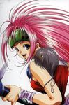  90s bass_guitar green_eyes guvava headgear highres instrument macross macross_7 mikimoto_haruhiko mylene_jenius pink_hair 