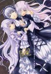  barasuishou black_dress book dress flower_eyepatch frilled_sleeves frills gothic_lolita holding holding_book kirakishou lolita_fashion long_hair long_sleeves looking_at_viewer lying multiple_girls on_back pink_hair rozen_maiden rozen_maiden_traumend sabamu silver_hair suigintou very_long_hair white_dress wide_sleeves yuri 