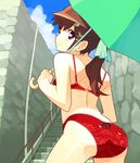  ass bra brown_eyes brown_hair day eyebrows_visible_through_hair hair_ornament hairclip holding holding_umbrella lingerie long_hair looking_at_viewer looking_back original outdoors panties red_bra red_panties ryuuta_(msxtr) solo umbrella underwear underwear_only x_hair_ornament 