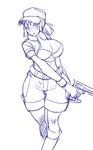  blush breasts cleavage covered_nipples fio_germi glasses gun hat huge_breasts metal_slug monochrome nagase_haruhito shorts sketch snk solo weapon wide_hips 