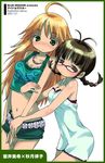  ahoge akizuki_ritsuko antenna_hair blonde_hair blush braid brown_eyes brown_hair glasses green_eyes hoshii_miki idolmaster idolmaster_(classic) idolmaster_1 long_hair lowres multiple_girls seiryuu_(blue_dragon) twin_braids yuri 