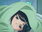  bed bed_sheet black_hair blanket blush closed_mouth etou_mei frown gakuen_utopia_manabi_straight! green_eyes indoors long_hair looking_at_viewer lying on_bed on_side photo_(object) sad screencap solo under_covers 