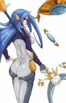  ass blue_eyes blue_hair breasts cat_(battle_cats) coppermine formal glasses gnach gold_armor highres nyanko_daisensou staff suit weapon 