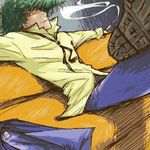  artist_request cigarette couch cowboy_bebop green_hair lowres male_focus shoe_soles shoes smoke smoking solo spike_spiegel 
