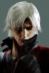  artist_request blue_eyes dante_(devil_may_cry) devil_may_cry devil_may_cry_2 grey_background jacket male_focus realistic serious solo white_hair 