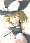  apron arms_behind_back bangs black_hat black_skirt black_vest blonde_hair blush bow box breasts closed_eyes eyebrows_visible_through_hair facing_viewer from_above gift grin hair_tie hat hat_bow hat_ribbon heart-shaped_box incoming_gift kirisame_marisa kugui_kiyunemu long_hair ribbon shirt short_sleeves skirt small_breasts smile solo touhou valentine vest waist_apron white_apron white_bow white_ribbon white_shirt witch_hat 