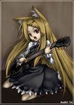  aize animal_ears blonde_hair cat_ears copyright_request guitar instrument microphone red_eyes solo 