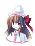  blush bow brown_hair capelet face green_eyes hair_bow hat lily_white long_hair looking_at_viewer ribbon seo_tatsuya simple_background smile solo touhou 