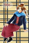 blue_scarf boots brown_eyes brown_hair casual character_name dress gensou_suikoden gensou_suikoden_i gensou_suikoden_ii jacket lowres meg_(suikoden) nino plaid plaid_background scarf solo striped 