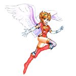  :d angel_wings armor blonde_hair boots breath_of_fire breath_of_fire_i elbow_gloves gloves green_eyes hairband knee_boots leotard nina_(breath_of_fire_i) open_mouth red_leotard short_hair smile solo thighhighs thighs white_wings wings yoshikawa_tatsuya 