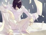 artist_request bags_under_eyes barefoot between_fingers black_hair death_note flying_paper hair_over_one_eye head_down holding holding_paper l_(death_note) long_sleeves male_focus pants paper shirt sitting solo white_pants white_shirt 