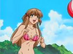  animated animated_gif azusagawa_tsukino ball beach beachball bikini brown_hair day long_hair lowres outdoors side-tie_bikini solo striped swimsuit vertical-striped_bikini vertical_stripes yakitate!!_japan 