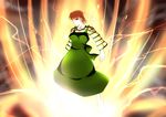  androgynous apron arms_at_sides aura barefoot breasts closed_mouth collarbone explosion fate/stay_night fate_(series) fire fujimura_taiga full_body green_apron kirimitsu long_sleeves looking_at_viewer medium_breasts red_eyes red_hair serious shirt solo standing striped striped_shirt 