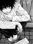  artist_request bags_under_eyes computer death_note greyscale l_(death_note) male_focus monochrome solo 