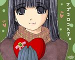  artist_name black_eyes black_hair box gift harapeko_(fry-pan) heart heart-shaped_box holding holding_gift lipstick long_hair lowres makeup original scarf signature solo valentine 