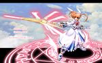  artist_request bow character_name energy_wings english fingerless_gloves gloves lyrical_nanoha magazine_(weapon) magic_circle magical_girl mahou_shoujo_lyrical_nanoha mahou_shoujo_lyrical_nanoha_a's polearm purple_eyes raising_heart red_bow red_hair shoes solo takamachi_nanoha twintails weapon winged_shoes wings 