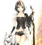  animal artist_request belt brown_hair copyright_request corset gloves midriff navel pet scar solo sword weapon wolf 