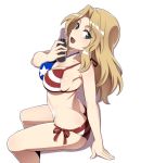  1girl american_flag_bikini arm_support ass bikini blonde_hair blue_eyes bottle breasts butt_crack cleavage coke commentary_request eyebrows_visible_through_hair flag_print from_side girls_und_panzer hair_intakes holding holding_bottle kay_(girls_und_panzer) leaning_back legs long_hair looking_at_viewer medium_breasts nanashino open_mouth shadow side-tie_bikini simple_background sitting smile soda_bottle solo swimsuit white_background 