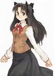  black_hair fate/stay_night fate_(series) green_eyes hair_ribbon homurahara_academy_uniform long_hair long_sleeves ribbon school_uniform simple_background skirt smile solo toosaka_rin vest white_background yukihashi 