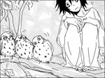  artist_request bags_under_eyes bird death_note greyscale l_(death_note) lowres male_focus monochrome owl parody solo 
