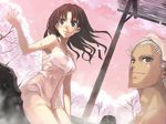  1girl archer bare_shoulders blue_eyes brown_eyes brown_hair cherry_blossoms dark_skin dark_skinned_male fate/stay_night fate_(series) long_hair morii_shizuki naked_towel outdoors parted_lips petals sitting sky steam toosaka_rin towel tree white_hair 
