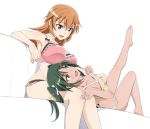  2girls :d ass bare_legs barefoot blue_eyes bra breasts butt_crack camisole charlotte_e_yeager couch dark_skin dimples_of_venus eyebrows_visible_through_hair fang francesca_lucchini frill_trim green_eyes green_hair hair_between_eyes hair_ribbon large_breasts leg_lift long_hair lying multiple_girls nanashino on_back open_mouth orange_hair panties pink_bra ribbon sitting small_breasts smile strike_witches twintails underwear underwear_only world_witches_series yellow_panties 