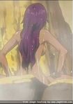  back bleach dark_skin from_behind jpeg_artifacts long_hair lowres nude onsen purple_hair screencap shihouin_yoruichi solo steam wet 