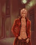 abs alley chest coat dante_(devil_may_cry) devil_may_cry hosino_hikaru lamppost male_focus male_pubic_hair navel_hair open_clothes open_coat pubic_hair realistic shirtless solo 