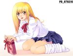  blonde_hair copyright_request gift gyaru holding holding_gift kogal loose_socks miniskirt school_uniform shinozuka_jouji skirt socks solo 