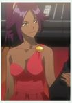  bleach dark_skin dress ponytail purple_hair red_dress screencap shihouin_yoruichi solo yellow_eyes 