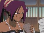  bleach cup dark_skin ponytail purple_hair screencap shihouin_yoruichi solo yellow_eyes 