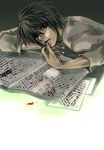  artist_request bags_under_eyes black_hair blood brown_eyes day death_note l_(death_note) long_sleeves looking_at_viewer lying male_focus newspaper on_stomach solo sunlight sweater upper_body 