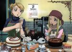  apron artist_request bandana black_hayate blonde_hair blue_eyes brown_eyes cake calendar_(object) cooking den_(fma) dog earrings egg folded_ponytail food fullmetal_alchemist icing jewelry kitchen long_hair multiple_girls official_art one_eye_closed pastry pastry_bag riza_hawkeye shiba_inu winry_rockbell 