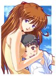  1girl :d ;d between_breasts black_hair blue_eyes blush breasts brown_eyes brown_hair dress half_updo head_between_breasts hetero hug ikari_shinji long_hair looking_at_another looking_at_viewer neon_genesis_evangelion one_eye_closed open_mouth smile souryuu_asuka_langley suzuno_kouya 