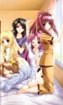  5girls barefoot bed black_hair blonde_hair blue_eyes brown_eyes brown_hair everyone hair_brush hair_brushing hair_ornament hair_ribbon highres hina_(3ldk) kimizuka_aoi kneeling long_hair lying miyashita_ayase multiple_girls one_eye_closed open_mouth pajamas pink_hair ponytail ribbon senoo_chihogi senoo_yomogi short_hair short_twintails siblings sisters sleeping sleepy smile star star_hair_ornament stretch striped twintails wavy_hair window yawning yukimura_noel 