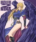  angel_wings blonde_hair boots breasts breath_of_fire breath_of_fire_ii character_name dress green_eyes knee_boots legs long_hair long_legs medium_breasts mt1 nina_(breath_of_fire_ii) side_slit solo thighs wings 