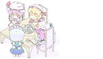  chibi flandre_scarlet izayoi_sakuya multiple_girls patchouli_knowledge reading remilia_scarlet siblings sisters sitting smile table taikou_denka tea touhou wings 