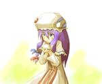  bag blue_eyes blue_ribbon blush capelet crescent crescent_hair_ornament dress frilled_sleeves frills hair_ornament hair_ribbon hat hat_ribbon holding long_hair mob_cap patchouli_knowledge purple_hair red_ribbon ribbon solo sorano_eika striped striped_dress touhou upper_body 