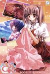  airi_(quilt) blanket blush brown_eyes brown_hair carnelian closed_mouth dress eyebrows eyebrows_visible_through_hair full_body highres holding long_hair looking_at_viewer photo_(object) puffy_short_sleeves puffy_sleeves purple_hair quilt_(game) red_dress short_hair short_sleeves simple_background smile two_side_up upper_body 