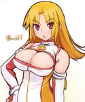  :o blonde_hair breasts cleavage cleavage_cutout elbow_gloves eyebrows_visible_through_hair gloves hand_on_hip kei_jiei large_breasts original ravioli red_eyes simple_background sketch solo upper_teeth white_background 