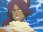  bleach dark_skin ponytail purple_hair screencap shihouin_yoruichi smile solo yellow_eyes 